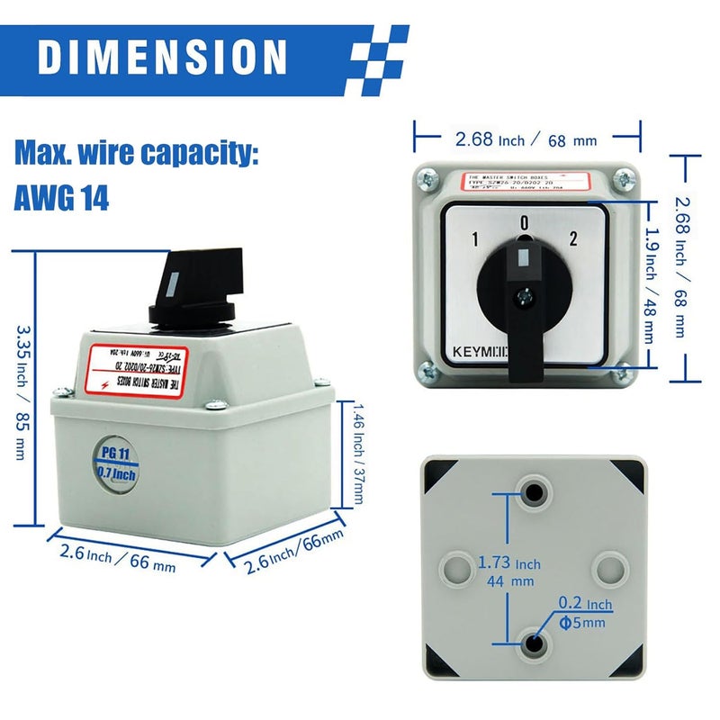Keymoo 20A Rotary Changeover Switch with Exterior Box, ON-Off-ON 660V Latching Universal Selector Switch, IP65 (3 Positions 2 Poles) - Image 4